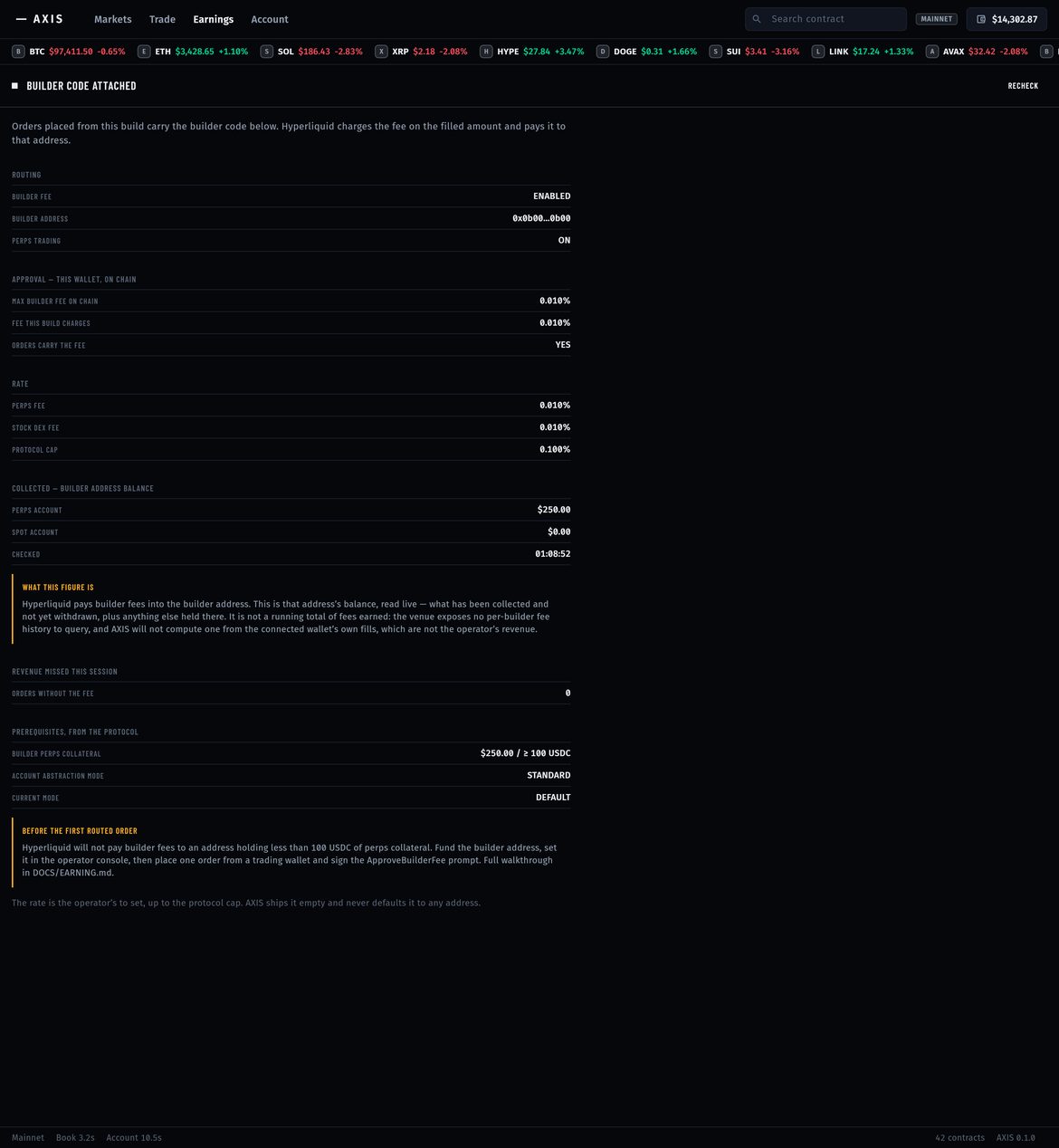 Earnings screen: builder code attached, routing, on-chain approval, rate, builder address balance, revenue missed and prerequisites