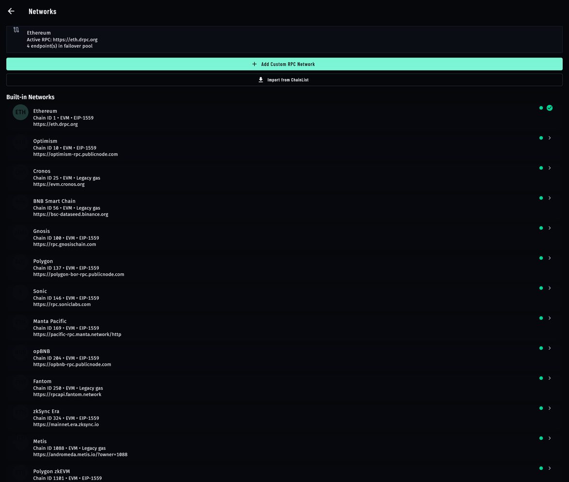 Networks: active RPC endpoint, Add Custom RPC Network, Import from ChainList and the built-in networks