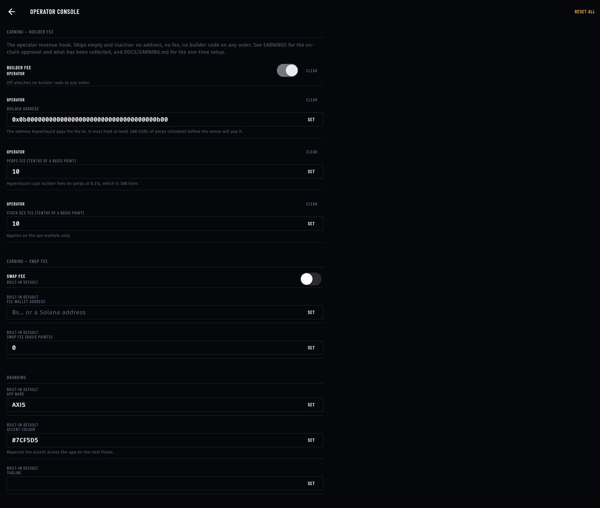 Operator console: builder fee switch, builder address, perps fee and stock dex fee fields, then branding