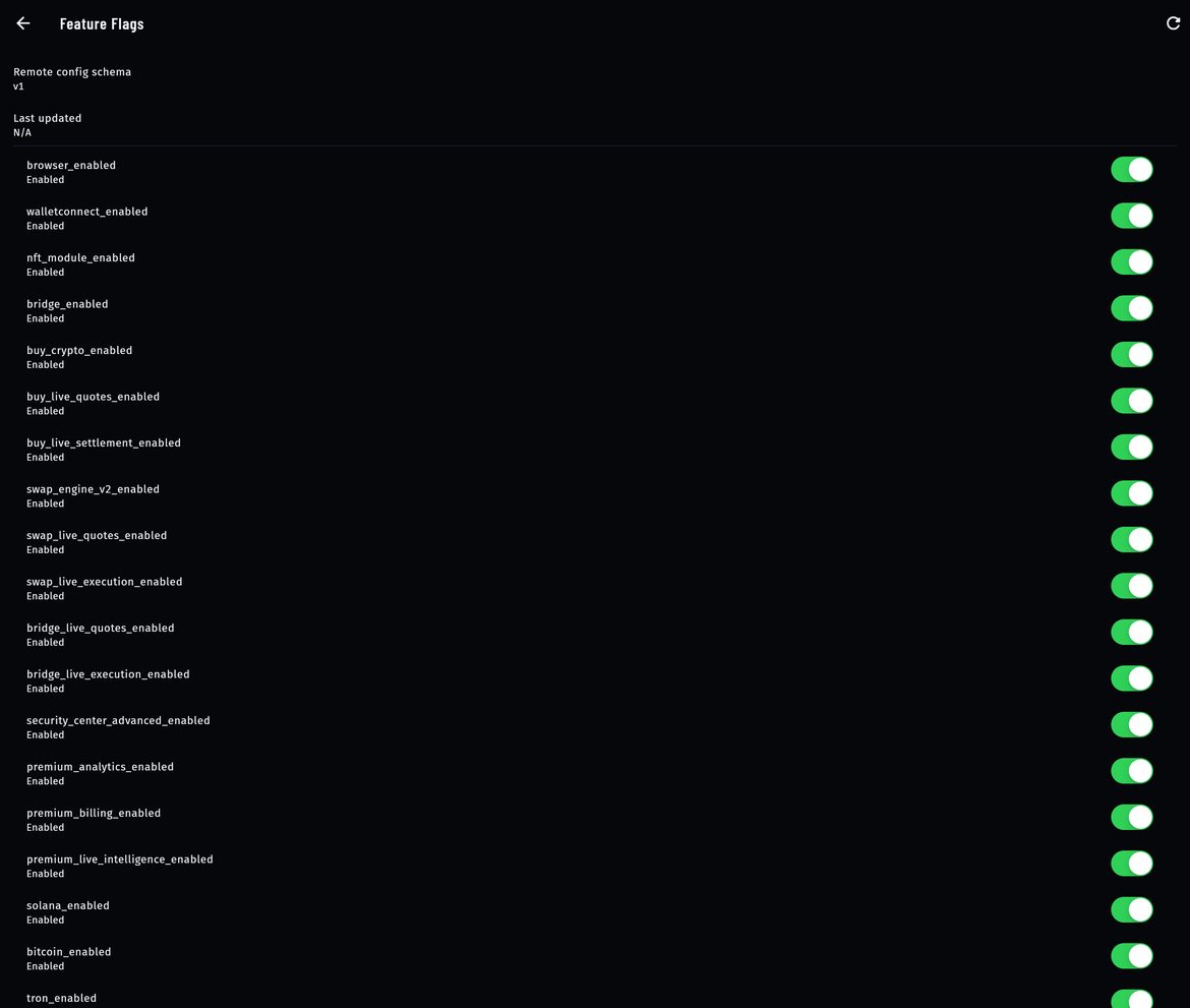 Feature Flags screen: remote config schema, last updated, and client-side switches such as browser_enabled and bridge_enabled